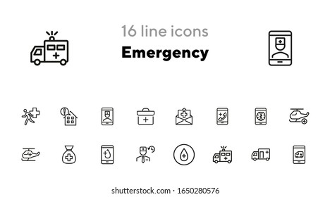 Emergency line icon set. Insurance, ambulance car, helicopter, call. Healthcare concept. Can be used for topics like medical help, aid, accident