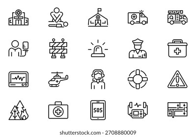 Conjunto de iconos de línea de emergencia. Colección de iconos lineales. Trazo editable. Ilustración vectorial