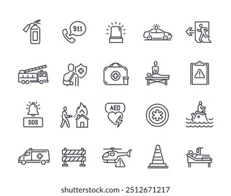 Emergency line icon set. Simple symbols with first aid kit, accident, ambulance, police and fire extinguisher. Editable stroke. Outline vector illustration collection isolated on white background