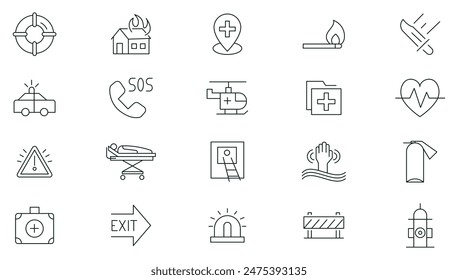 Emergency line icon set. Warning, protection, urgent, containing siren, press, ambulance, emergency call, accidents, natural disasters, rescue services, emergency exit, emergency, rescue services icon