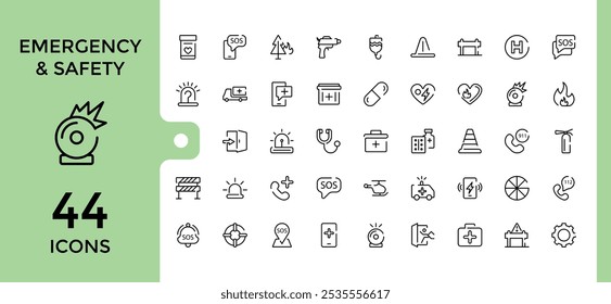 Emergency line icons collection. Featuring security, urgency, emergency, service, protection and more. Simple web icons set. Editable vector stroke.