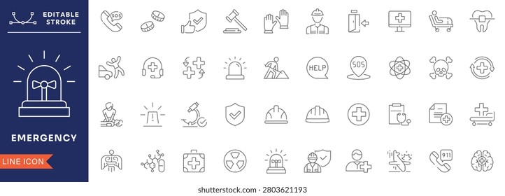 Emergency Line Icons Set with First Aid Medical Rescue Healthcare Ambulance Safety Disaster Response Crisis Protection. Editable Stroke