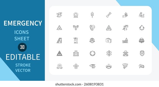 Emergency Line icons set. Medical, Fire, Disaster, Safety, First, Aid, Rescue, Help, Hazard and more. Outline vector icon in linear style. Editable stroke. Vector illustration.