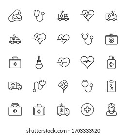 Emergency line icons set. Stroke vector elements for trendy design. Simple pictograms for mobile concept and web apps. Vector line icons isolated on a white background. 
