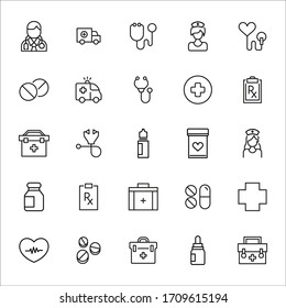 Symbole für Notfälle eingestellt. Schlagt Vektorillustrationen für trendiges Design. Einfache Piktogramme für mobile Konzepte und Web-Apps. Vektorillustration-Zeilensymbole einzeln auf weißem Hintergrund. 
