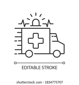 Emergency Linear Icon. Ambulance. Emergency Response. Accident Department. Medical Vehicle. Thin Line Customizable Illustration. Contour Symbol. Vector Isolated Outline Drawing. Editable Stroke