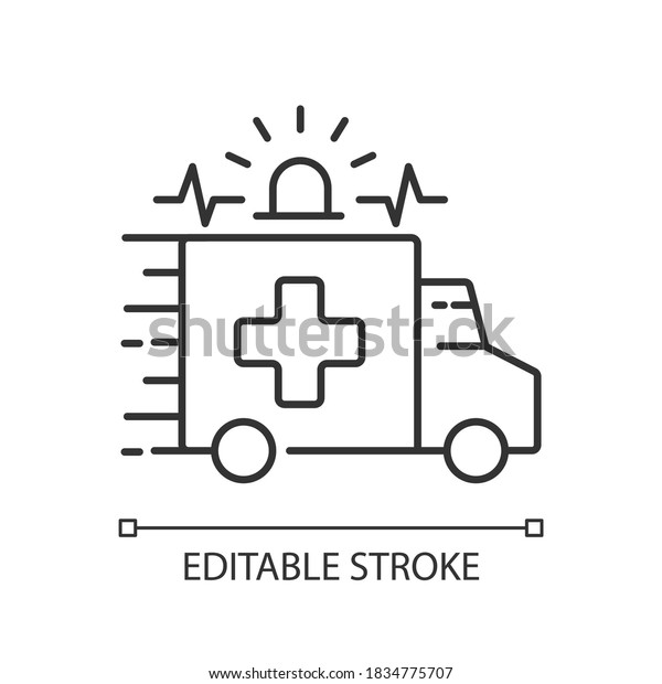Emergency linear icon. Ambulance. Emergency\
response. Accident department. Medical vehicle. Thin line\
customizable illustration. Contour symbol. Vector isolated outline\
drawing. Editable\
stroke