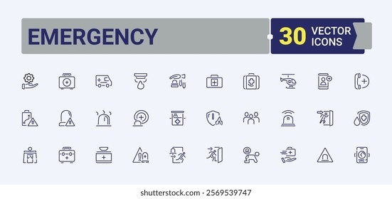 Emergency linear icon collection. Contains such icons as safety, hospital, accident, siren, emergency, medical and more. Perfect for logos and infographics. Editable stroke. Vector illustration.