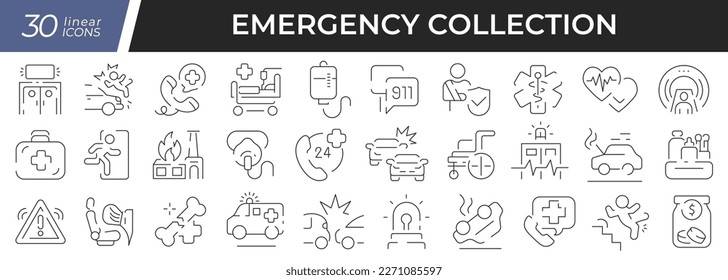 Emergency linear icons set. Collection of 30 icons in black