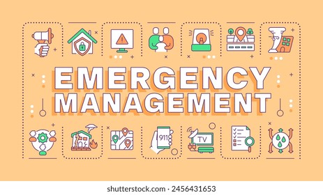 Notfallmanagement orange Wort Konzept. Brandmeldesysteme. Sicherheit zu Hause, Katastrophe. In: Typografy Banner. Vektorillustration mit Titeltext, bearbeitbare Symbolfarbe