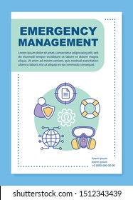 Emergency Management Poster Template Layout. Rescue Service. Banner, Booklet, Leaflet Print Design, Linear Icons. Natural Disaster. Vector Brochure Page Layouts For Magazines, Advertising Flyers