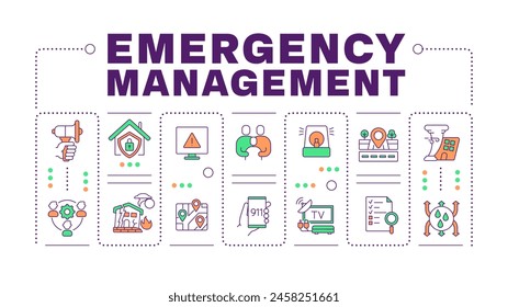 Emergency management word concept isolated on white. Fire detection systems. Home security, disaster. Creative illustration banner surrounded by editable line colorful icons. Hubot Sans font used
