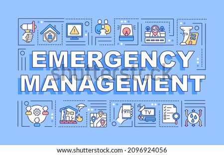 Emergency management word concepts blue banner. Public service. Infographics with linear icons on background. Isolated typography. Vector outline color illustration with text. Arial-Black font used