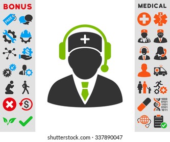 Emergency Manager vector icon with bonus. Style is bicolor flat symbol, eco green and gray colors, rounded angles, white background.