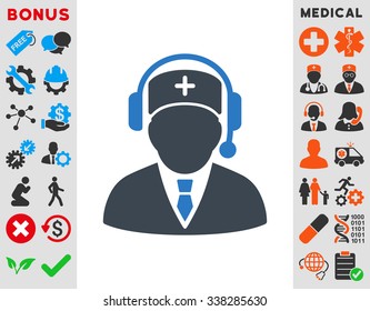 Emergency Manager vector icon with bonus. Style is bicolor flat symbol, smooth blue colors, rounded angles, white background.