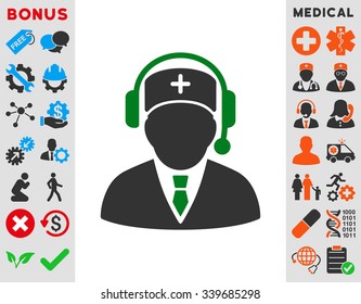 Emergency Manager vector icon with bonus. Style is bicolor flat symbol, green and gray colors, rounded angles, white background.