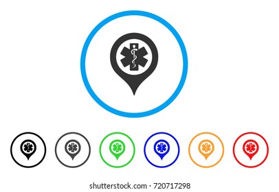 Emergency Map Marker rounded icon. Style is a flat emergency map marker grey symbol inside light blue circle with black, gray, green, blue, red, orange color versions.