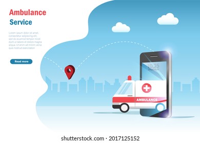 Emergency medical ambulance service. Ambulance running out from smart phone screen. Emergency contact for help and rescue on mobile application for medical and healthcare concept.