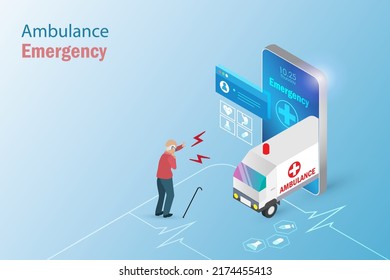 Servicio de ambulancia médica de emergencia. Hombre mayor en línea pidiendo ayuda de una ambulancia en un teléfono inteligente. Tecnología de innovación médica, de atención de salud para personas mayores.