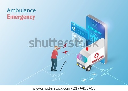 Emergency medical ambulance service. Senior man online calling for help from ambulance on smart phone. Medical, health care innovation technology for elderly people.