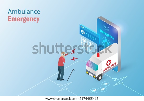 Emergency medical\
ambulance service. Senior man online calling for help from\
ambulance on smart phone. Medical, health care innovation\
technology for elderly\
people.
