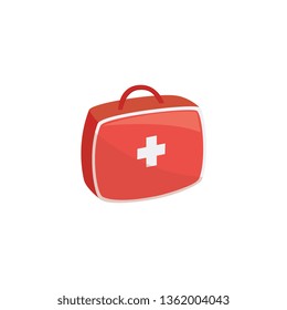 Emergency medical first aid kit red box and white cross graphic icon. Security for industry uniform concept vector illustration isolated on the white background.