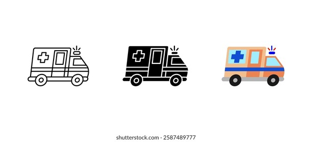 Emergency medical icon set. Ambulance vehicle with siren sign. Healthcare transport and first aid symbol. Paramedic service and hospital pictogram. Medical rescue and urgent response illustration.