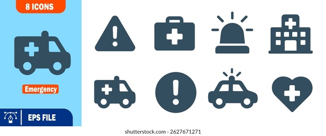 Emergency Medical Icons Ambulance, Hospital, First, Warning Signs