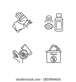 Emergency medical kit linear icons set. Gauze bandage and pads. Eyewash cleanser. Insect bite cream. Customizable thin line contour symbols. Isolated vector outline illustrations. Editable stroke