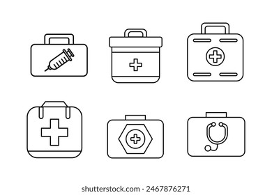 Kits médicos de emergencia e iconos de equipos para atención médica