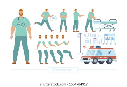 Emergency Medical Service Doctor Character Constructor Trendy Flat Vector, Isolated Design Elements Set. Medic in Uniform Various Poses, Body Parts, Face Expressions, Clinic Equipment Illustration