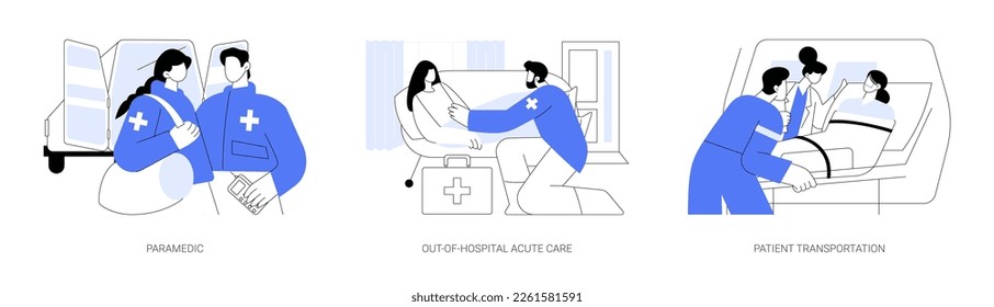 Emergency medical services abstract concept vector illustration set. Paramedic with first aid supplies, out-of-hospital acute care, patient transportation, ambulance machine abstract metaphor.