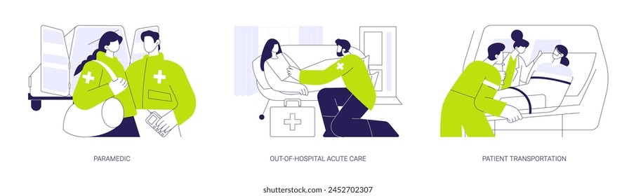 Conjunto de Ilustración vectorial de concepto abstracto de servicios médicos de emergencia. Paramédicos con suministros de primeros auxilios, atención aguda fuera del hospital, transporte de pacientes, máquina de ambulancia, metáfora abstracta.