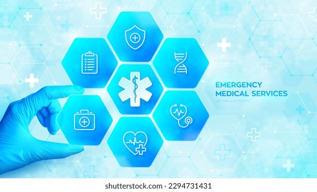 Emergency medical services. Emergency call. Online medical support. Hand in blue glove places an element into a composition with medical icons visualizing emergency services. Vector illustration.