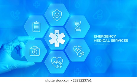 Emergency medical services. Emergency call. Online medical support. Hand in blue glove places an element into a composition with medical icons visualizing emergency services. Vector illustration.