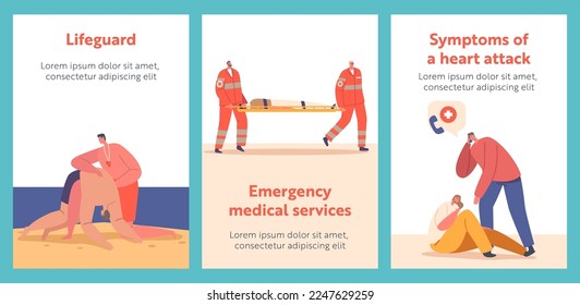 Emergency Medical Services Cartoon Banners. Rescuers First Aid to Victims on Beach, Medics Carry Person on Stretchers, Male Character Calling to 911. People Vector Illustration, Posters