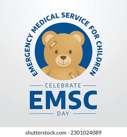 Plantilla de diseño del Día de Servicios Médicos de Emergencia para Niños para celebración. ilustración médica de emergencia para niños. ilusión vectorial del oso emsc. diseño de oso de wounder plano.