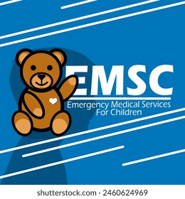 Emergency Medical Services for Children Day (EMSC) event banner. A teddy bear with bold text and the silhouette of a child on a light blue background to commemorate on May