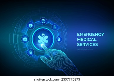 Concepto de servicios médicos de emergencia en pantalla virtual. Llamada de emergencia. Asistencia médica en línea. Medicina y atención de la salud. Interfaz digital con toque de mano robótica. Ilustración vectorial.