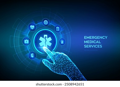 Emergency medical services concept on virtual screen. Emergency call. Online medical support. Medicine and healthcare application. Robotic hand touching digital interface. Vector illustration.