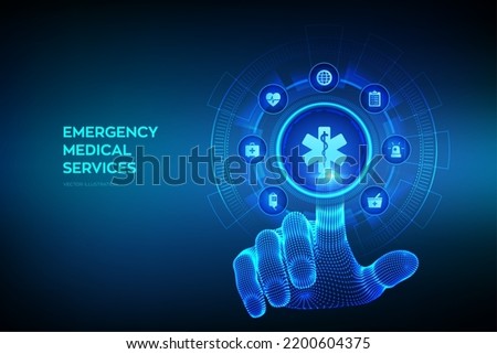 Emergency medical services concept on virtual screen. Emergency call. Online medical support. Medicine and healthcare application. Wireframe hand touching digital interface. Vector illustration.