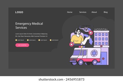 Emergency Medical Services concept. A swift response with ambulance and airlift options, ensuring rapid hospital admission and care. Flat vector illustration.