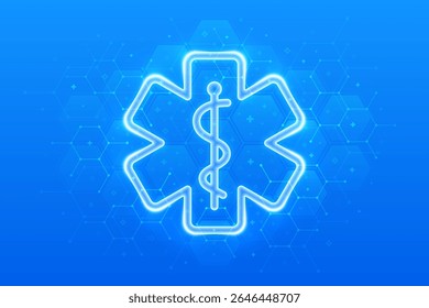 Emergency medical services icon. Emergency call. Online medical support. Medicine and healthcare application. Molecular structure. Blue medical background with hexagons. Vector illustration.