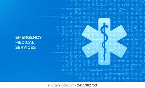 Symbol für medizinische Notfalldienste auf blauem medizinischem Hintergrund mit Kreuzform-Symbol. Notruf. Online-medizinische Unterstützung. Arzneimittel und Anwendungen im Gesundheitswesen. Vektorgrafik.