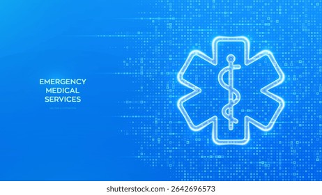 Emergency medical services icon on blue medical background made with cross shape symbol. Emergency call. Online medical support. Medicine and healthcare application. Vector illustration.