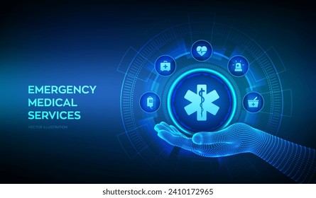 Emergency medical services icon in wireframe hand. Online medical support. Medicine and healthcare application. Emergency service concept on virtual screen. Vector illustration.