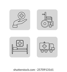 Emergency medical services line icon collection. Hospital bed, wheel chair, ambulance, hand holding cross. Medicine, healthcare, hospital concept. Vector illustrations for web design and apps