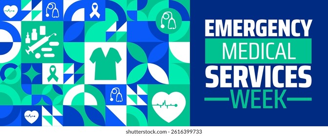 Emergency Medical Services Week Geometric shape pattern background banner or poster design template. observed every year in May. Holiday concept. Use to any Template, card, poster, placard, template.