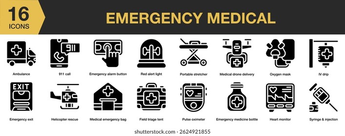 Conjunto de ícone sólido da Emergency Medical. Inclui emergência, médico, hospital, medicina, saúde, clínica e muito mais. Coleção vetorial de ícones sólidos.