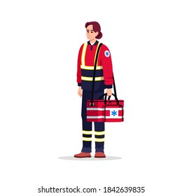 Emergency medical technician semi flat RGB color vector illustration. Paramedic. Health professional. European woman working as EMT with medical bag isolated cartoon character on white background